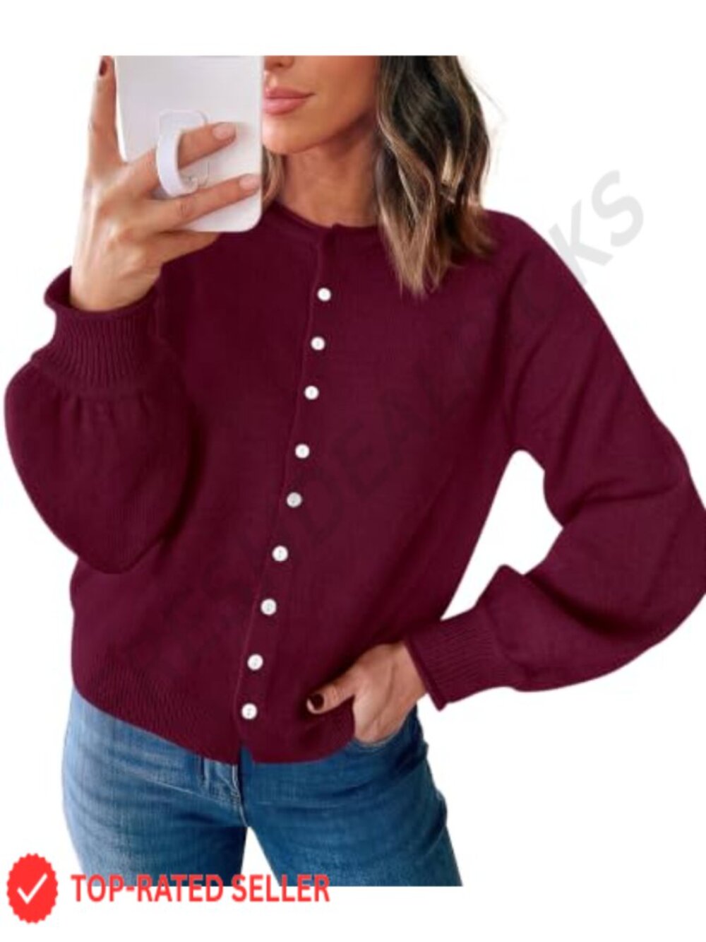 Knit Button Up Cardigan Lightweight Cozy Sweater Ribbed Puff Sleeve